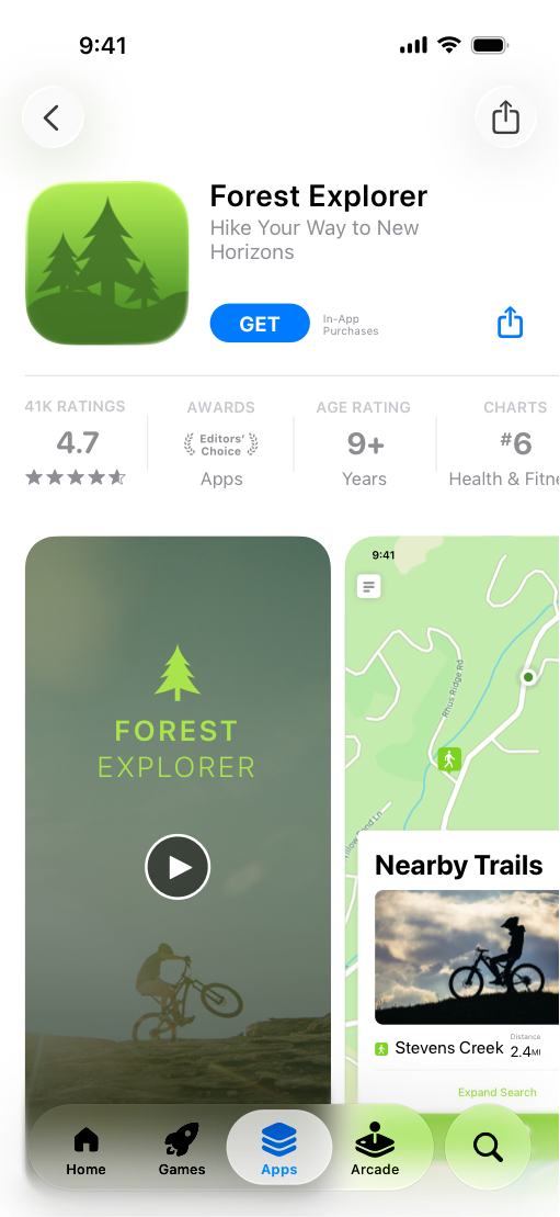 iPhone showing App Store product page for Forest Explorer app featuring bike trails