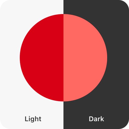 Illustration of systemRed color with increased contrast variants on light and dark mode. The color darkens on the light background and lightens on the dark background, improving visibility and accessibility in different display modes.