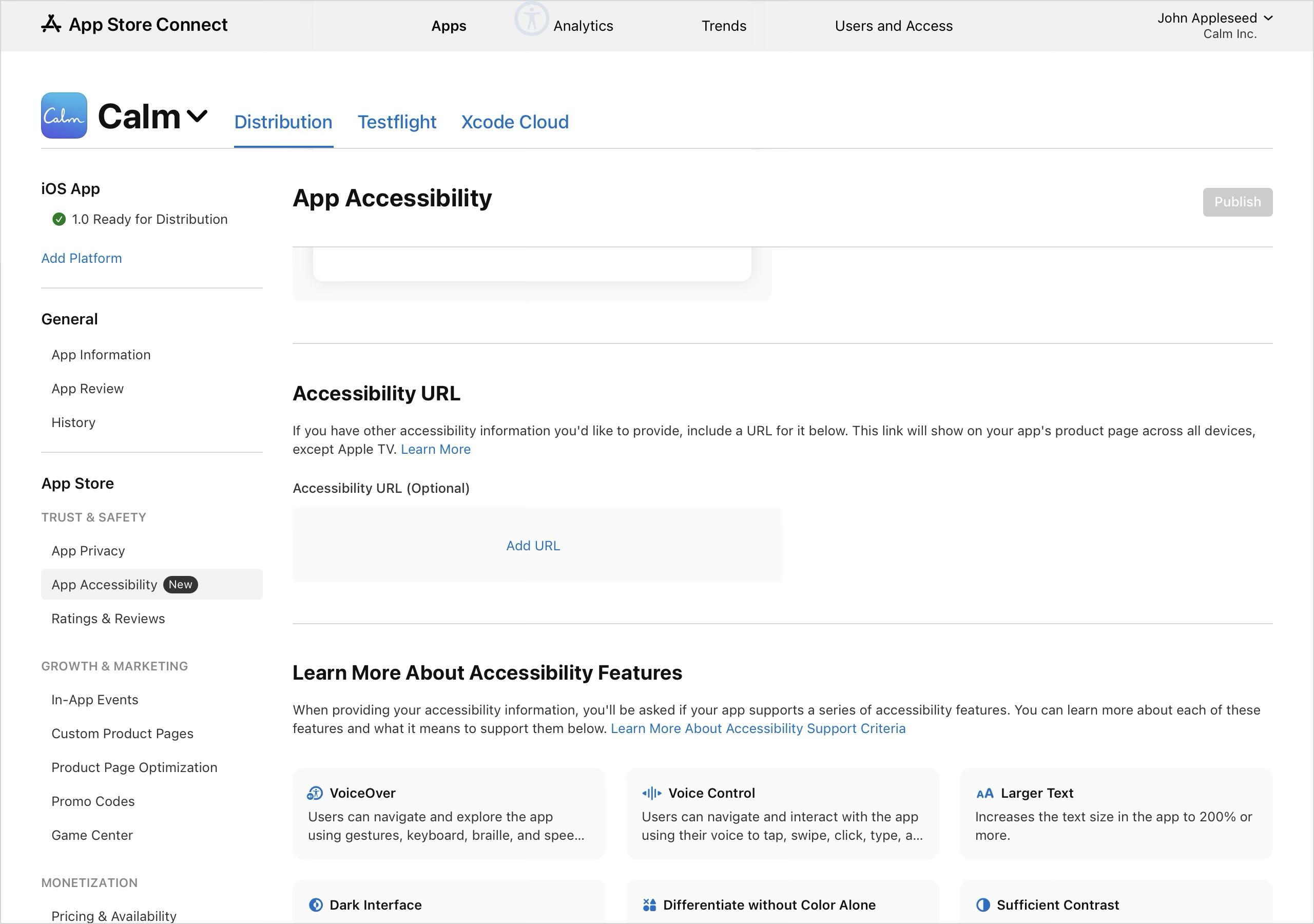 Screenshot of the "App Accessibility" page shows "Draft (0)" and an "Accessibility URL" section with a field to "Add URL". Below that, there's a "Learn More About Accessibility Features" section, listing features like VoiceOver, Voice Control, Larger Text, Dark Interface, Differentiate without Color Alone, and Sufficient Contrast. A "Publish" button is visible at the top right of the screen.
