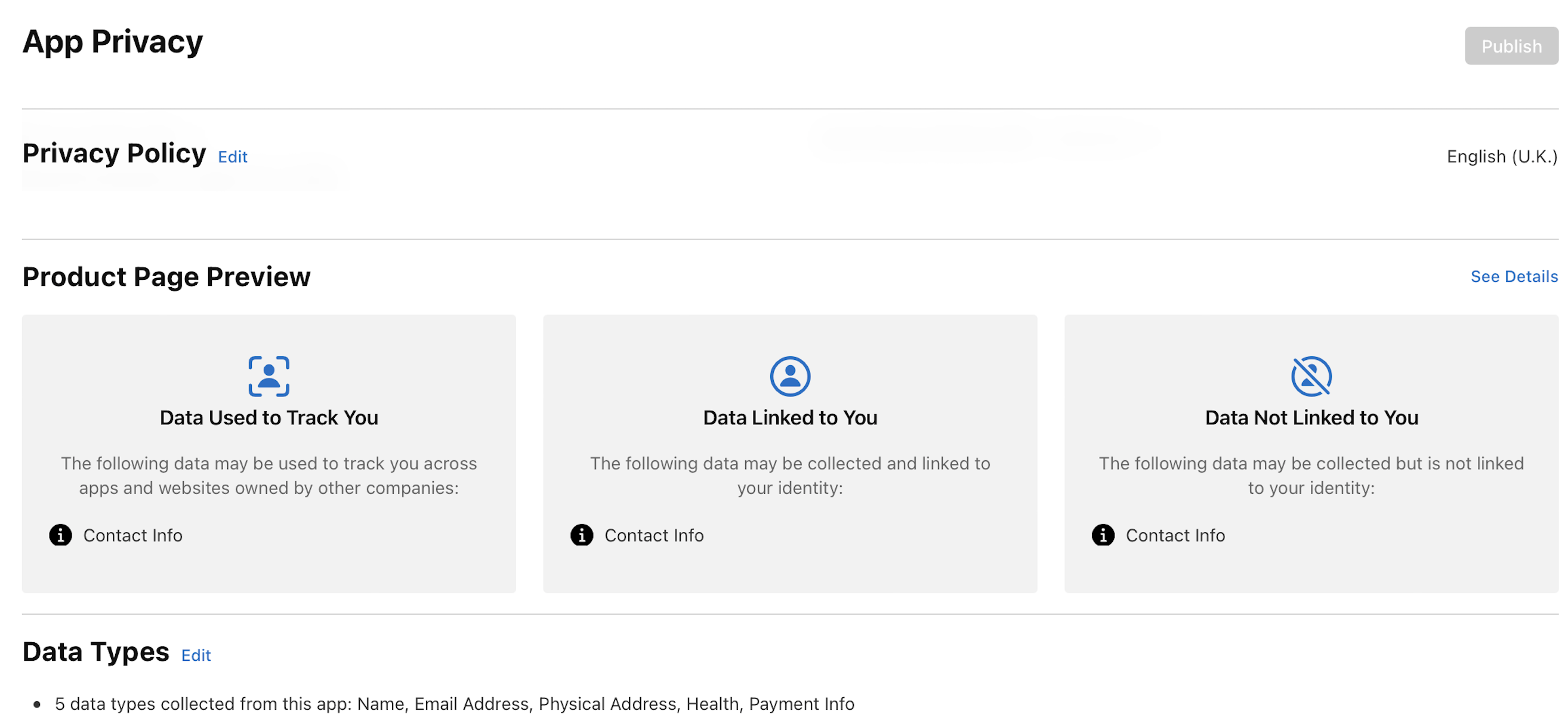 Screenshot of the Data Types section on the App Privacy page displaying an Edit button on its right side.