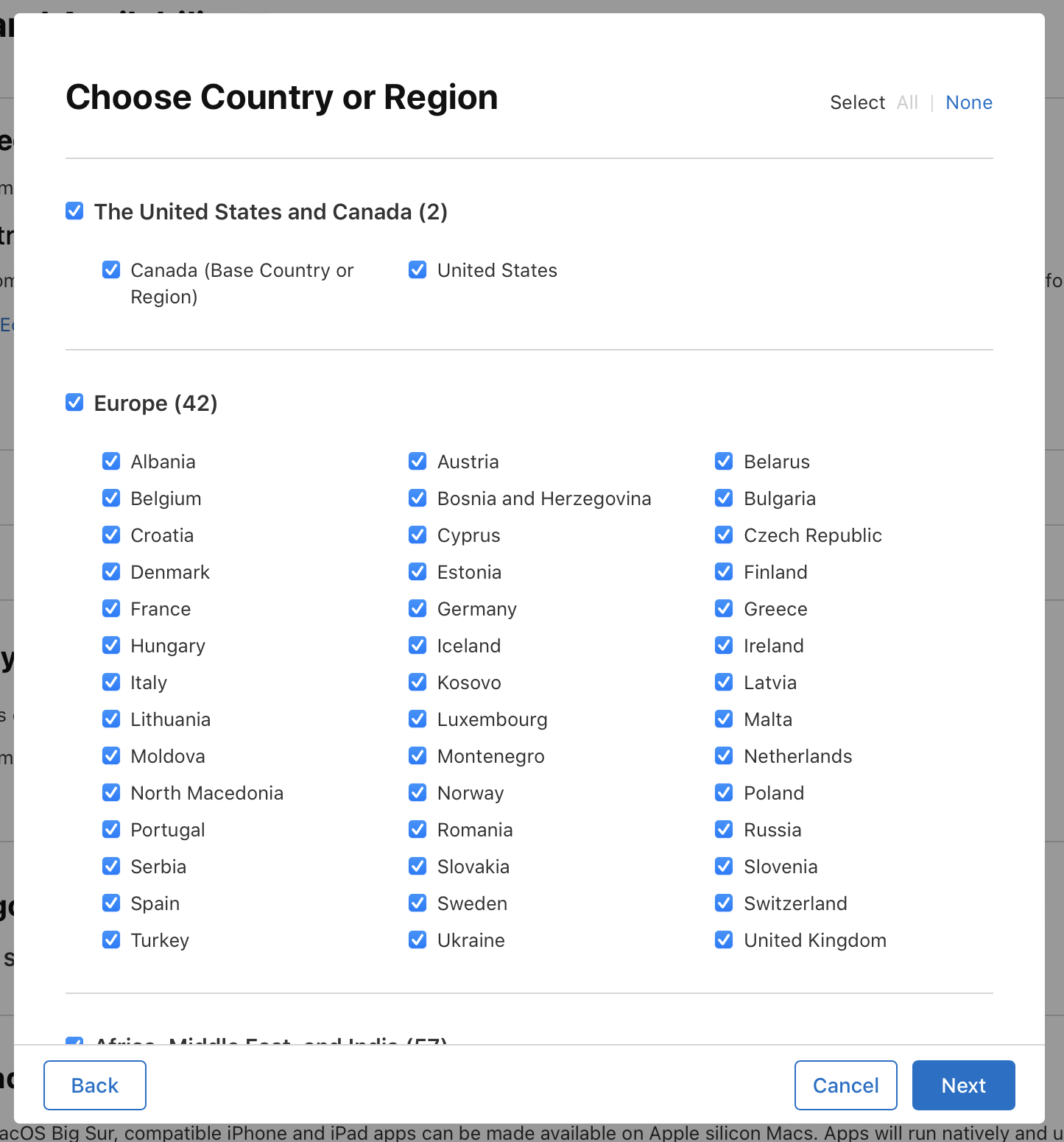 Screenshot of the Choose Country or Region dialog, where there are options to select countries and regions. At the bottom of the dialog, the Back button is on the left, and the Cancel and Next buttons are on the right.
