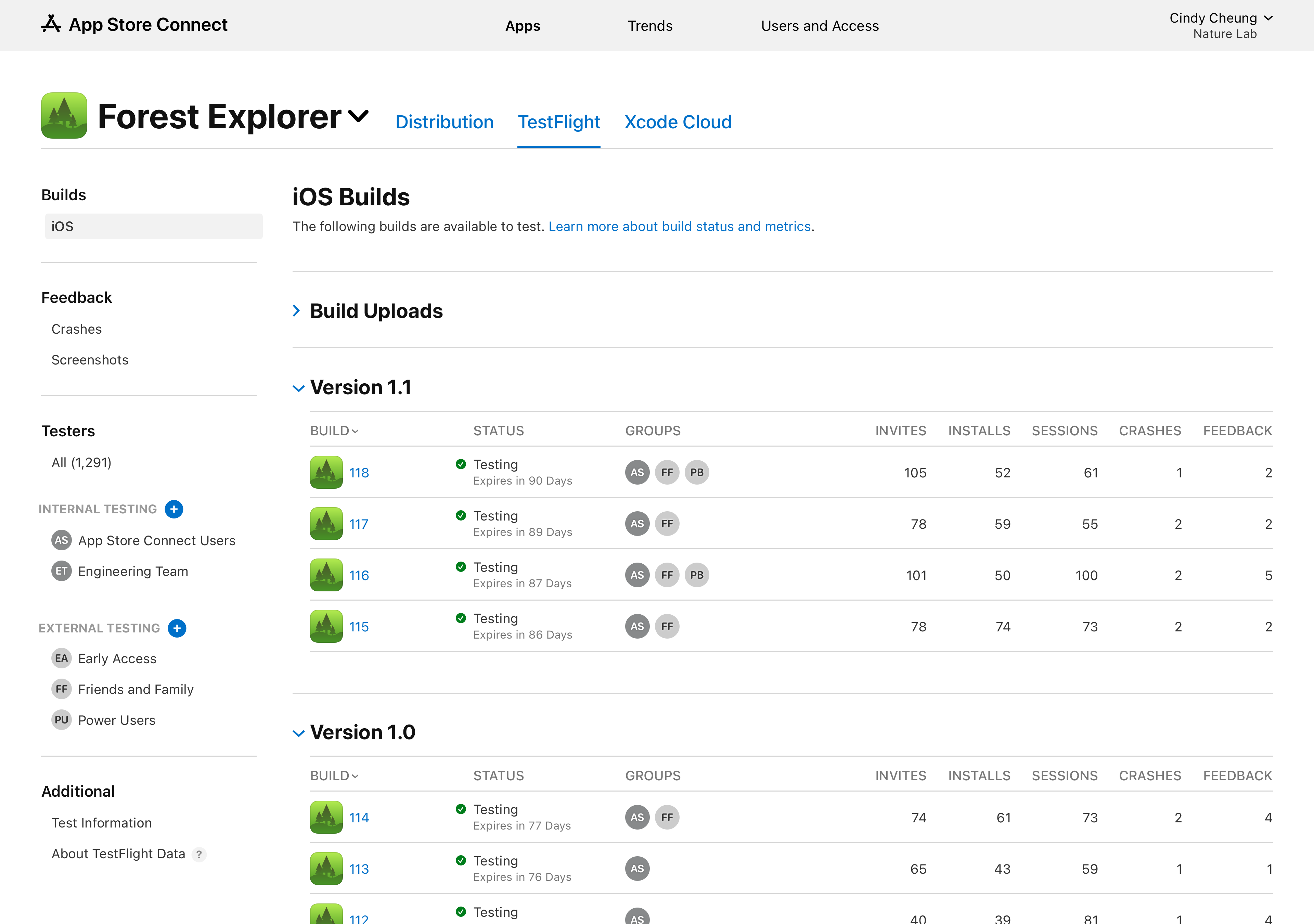 Screenshot of the TestFlight tab. There’s a list of builds under Version 1.0. Each build has a clickable icon and build strings.