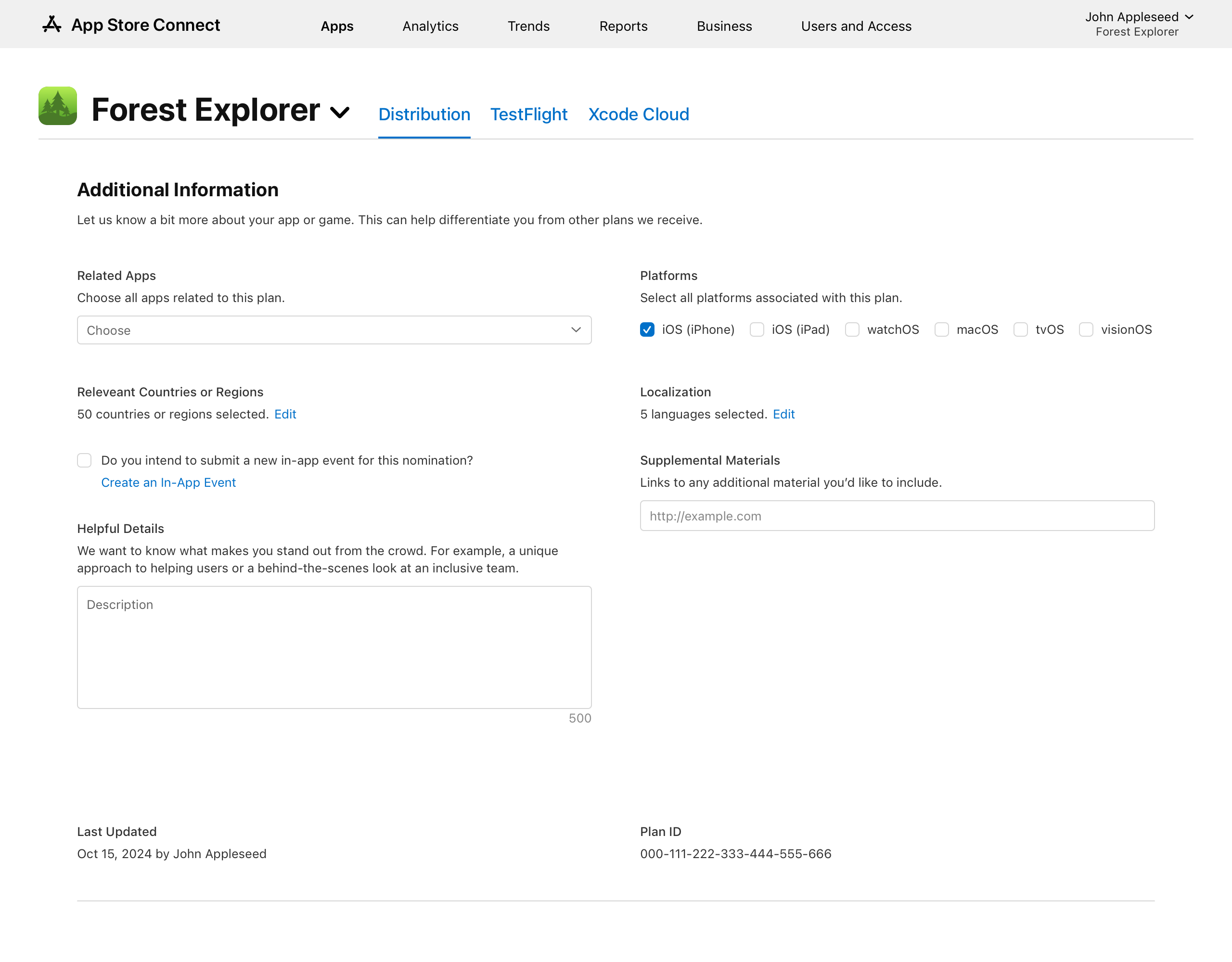 Screenshot of the Additional Information page where there’s lists details of your nominations, which are Related Apps, Platforms, Relevant Countries or Regions, Localization, Supplemental Materials, and Helpful Details.