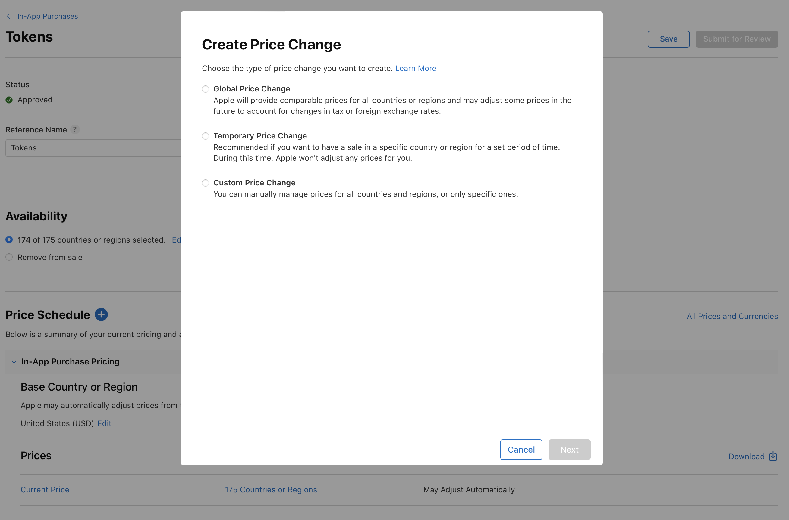 Screenshot of a Create Price Change  pop-up window. Options include Global, Temporary, and Custom Price Changes. Buttons for navigation include Cancel and Next.