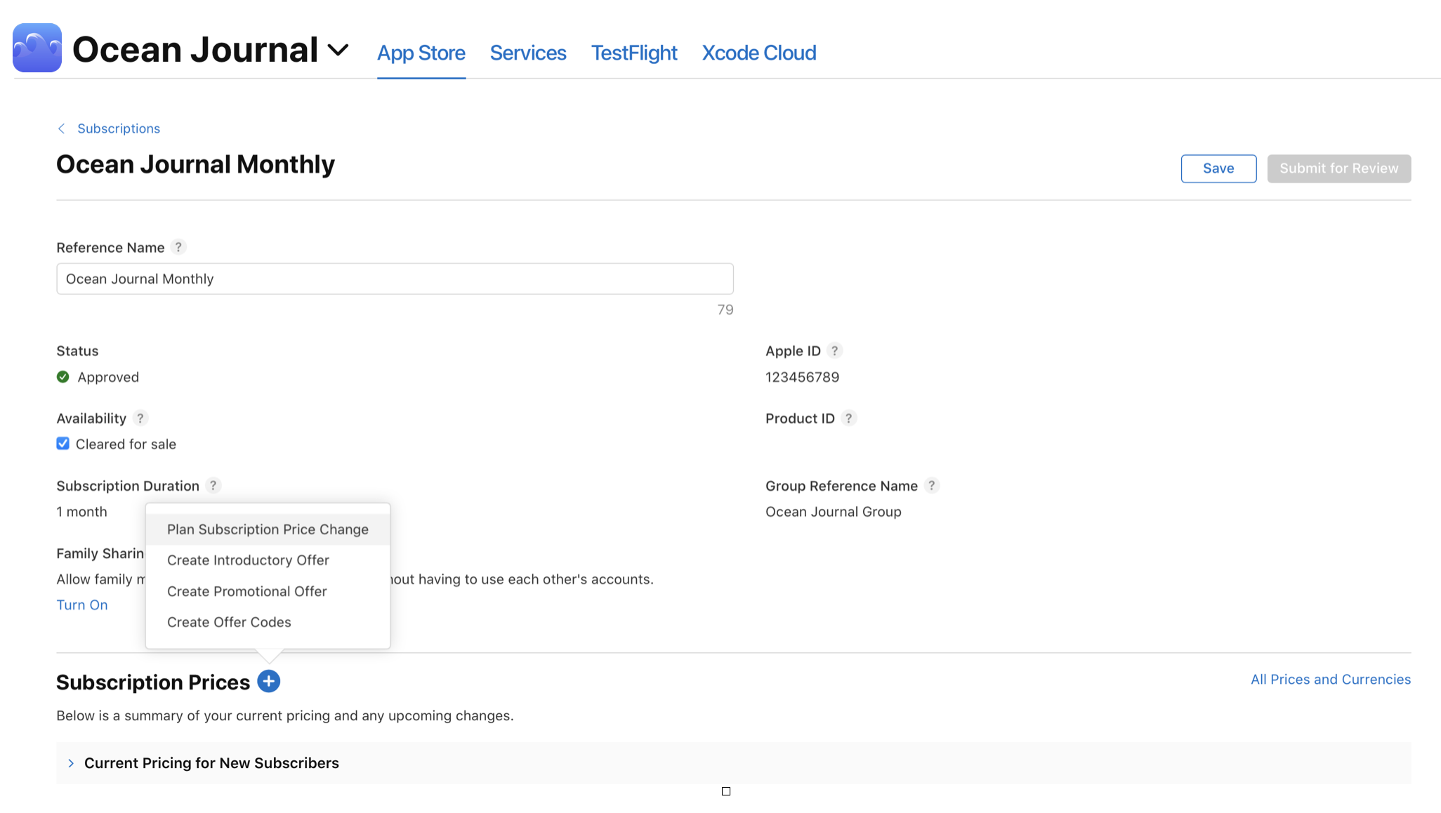 “Ocean Journal Monthly”의 구독 관리 옵션을 보여주는 스크린샷입니다. 이 페이지에는 상태, Apple ID, 제품 ID와 같은 세부 정보와 함께 구독 가격을 조정하거나 프로모션을 생성할 수 있는 옵션이 포함되어 있습니다.