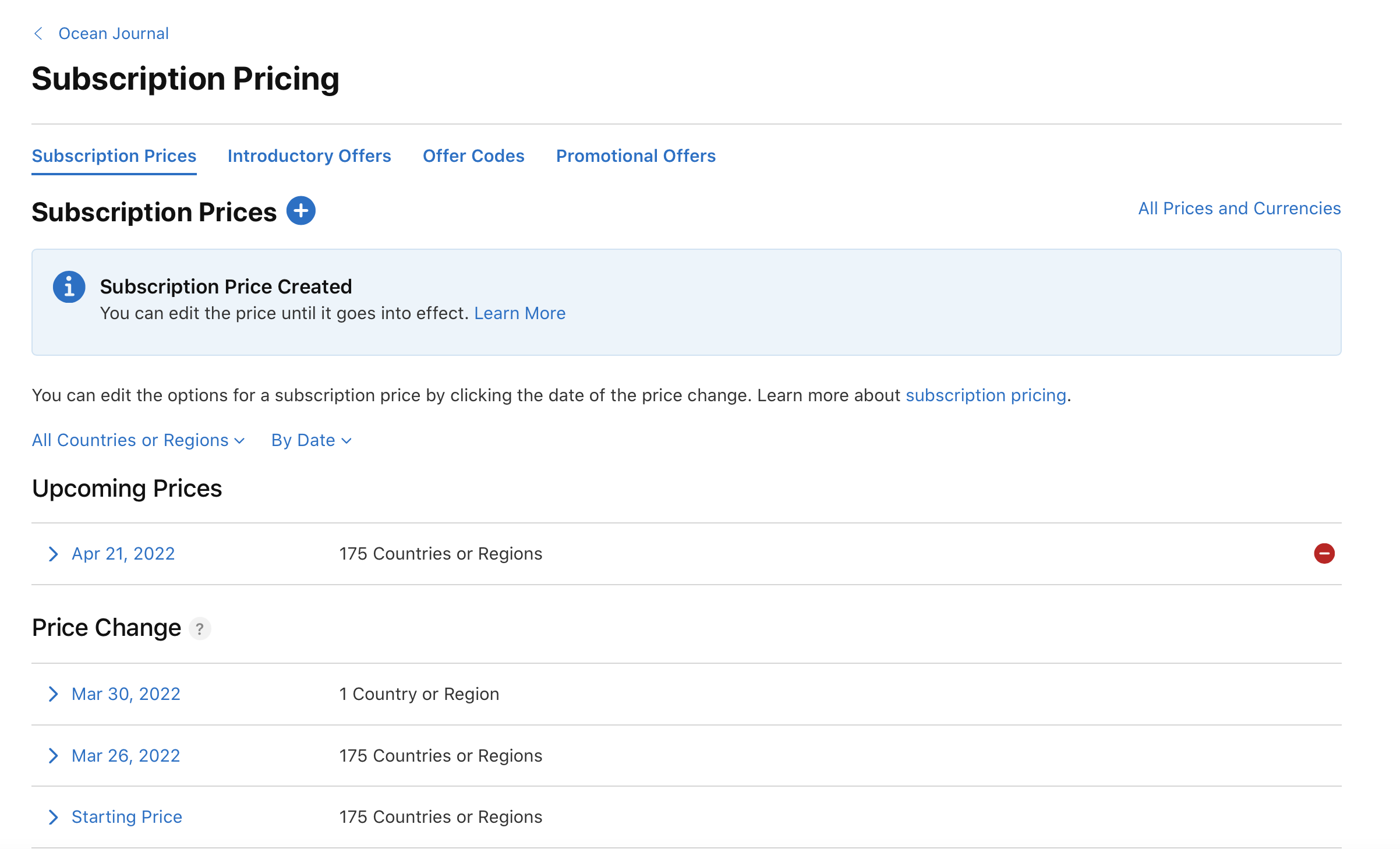 새로운 구독 가격이 생성되었음을 나타내는 “구독 가격” 스크린샷입니다. 알림에는 “구독 가격 생성됨”이라는 문구와 함께 자세히 알아볼 수 있는 옵션이 표시됩니다. 예정된 가격 변경은 2022년 4월 21일(175개 국가 또는 지역), 2022년 3월 30일(1개 국가 또는 지역), 2022년 3월 26일(175개 국가 또는 지역)과 같이 변경되었습니다. “구독 가격에 대해 더 알아보기” 링크가 포함되어 있습니다.