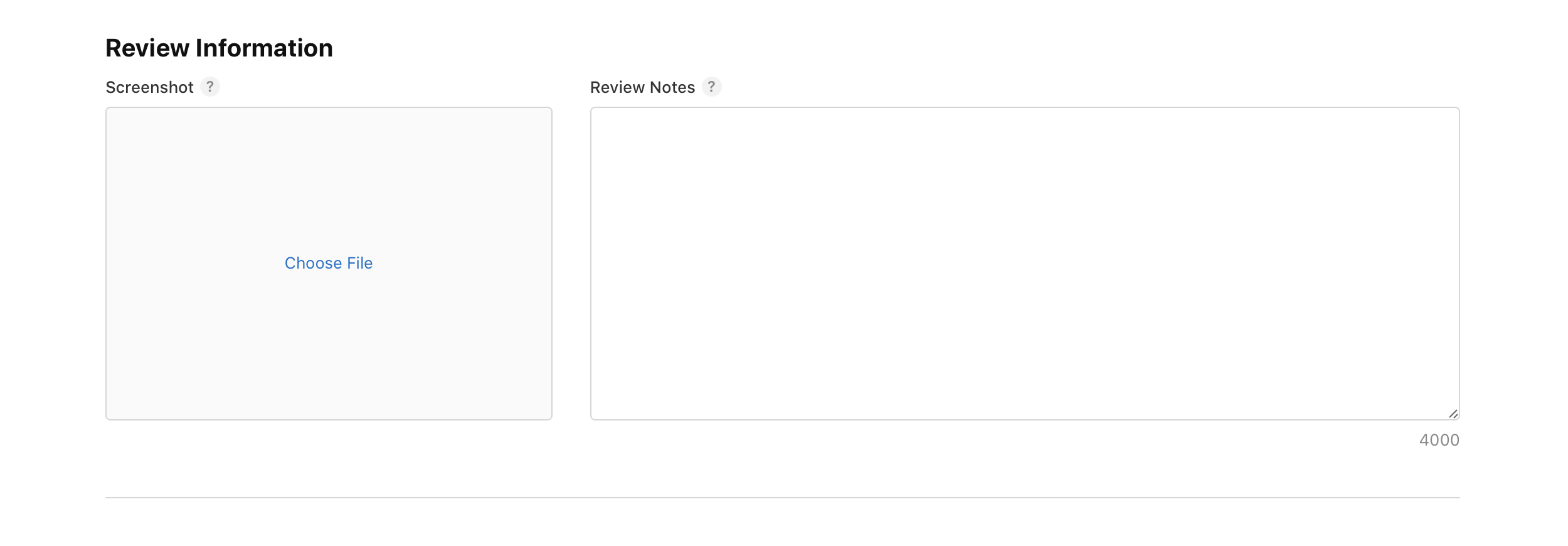 Screenshot of a Review Information section. There is a section to upload a screenshot and add review notes.