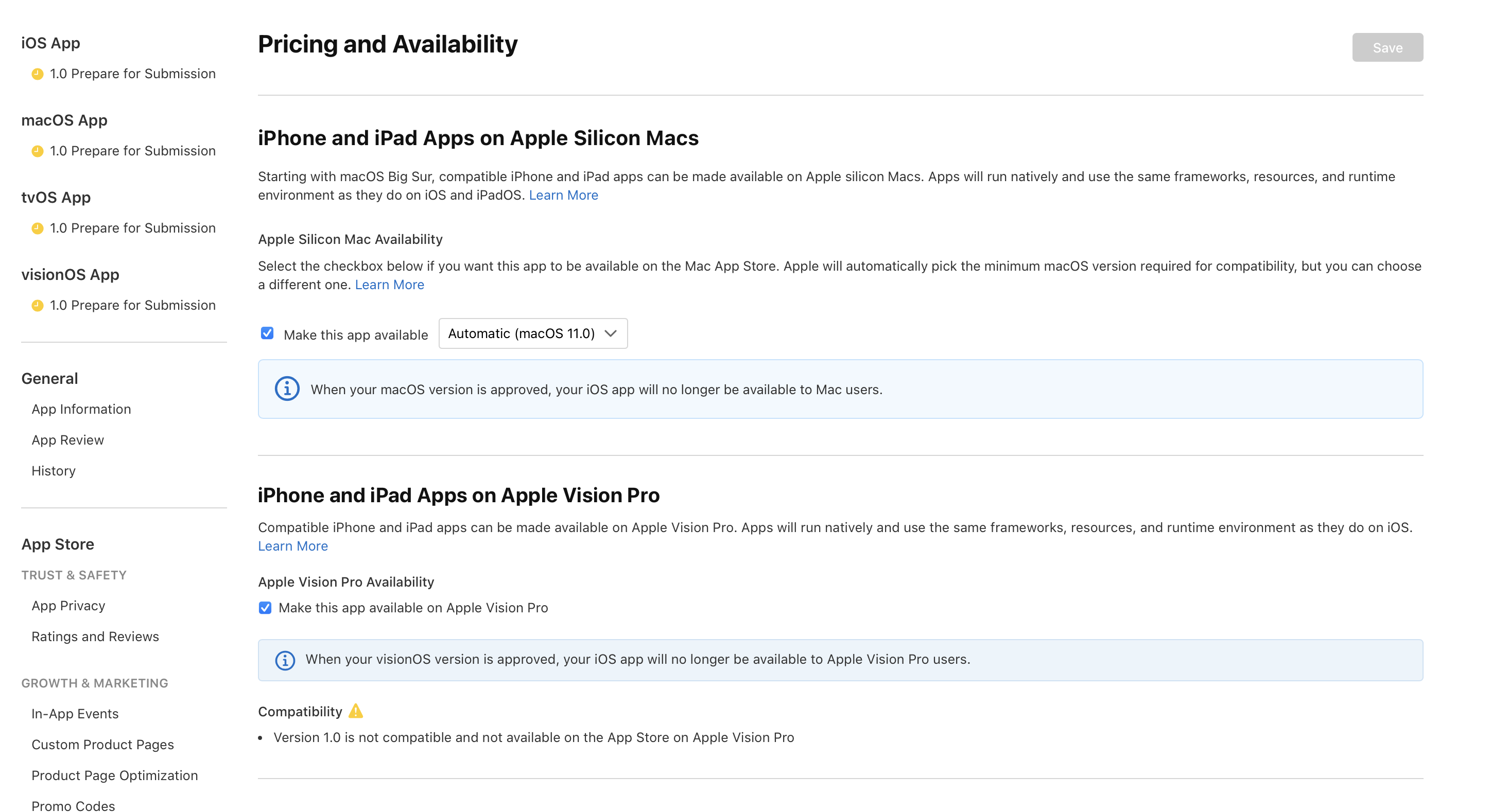 Screenshot of the Pricing and Availability page, where there’s a section titled "iPhone and iPad Apps on Apple Vision Pro."”