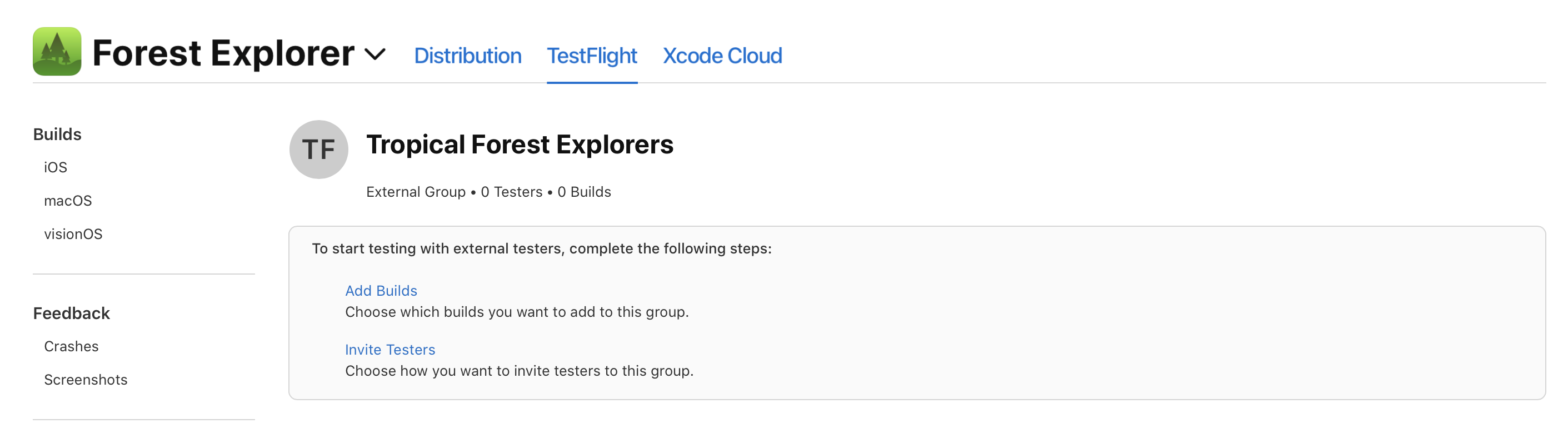 Screenshot of the App Store Connect page open in the TestFlight tab. The group name dialog displays. Below the group name, are the buttons Add Builds and Invite Testers.