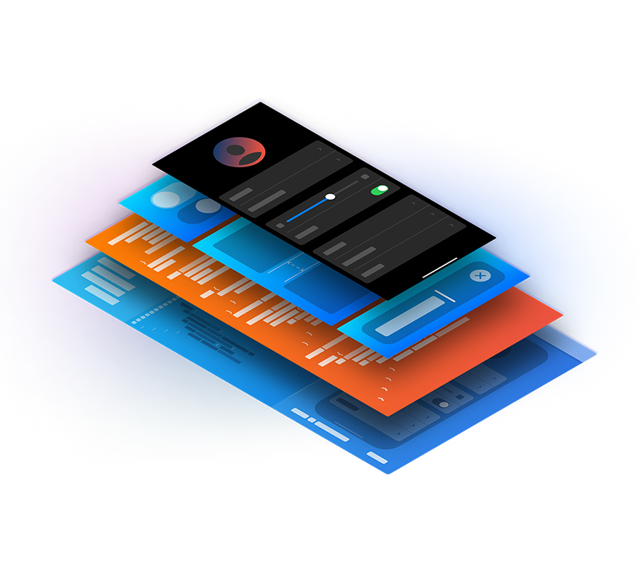 This image is a digital illustration that portrays a floating stack of user interface elements layered.