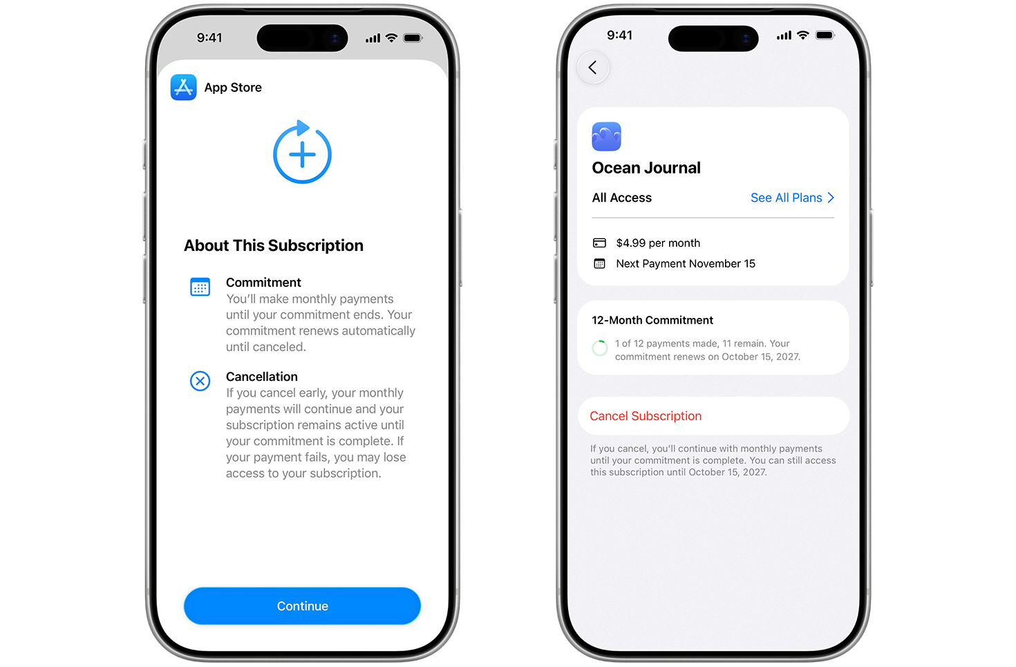 屏幕上显示着 App Store 月度订阅界面，包含 12 个月承诺期的功、付款计划和承诺详情