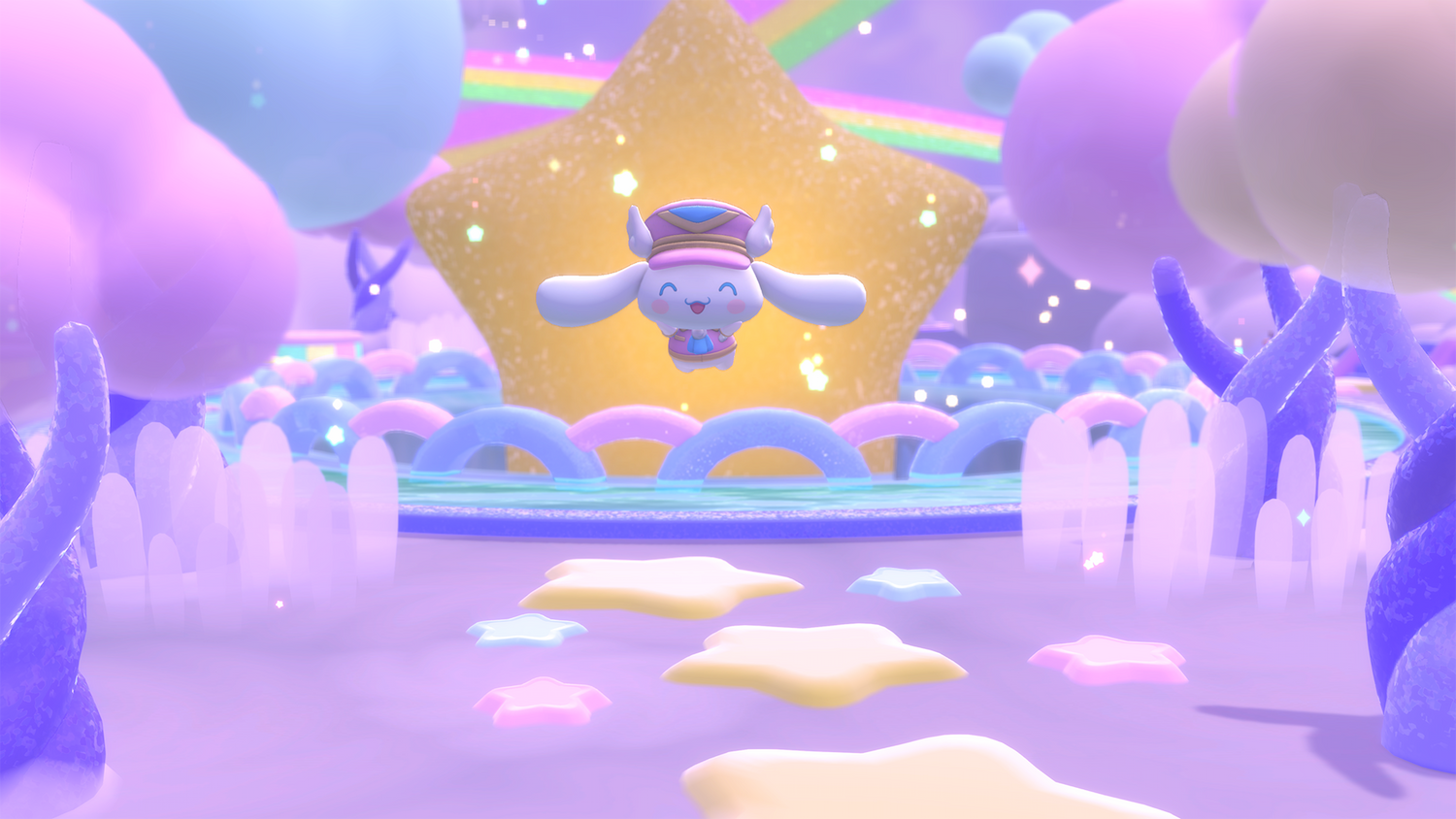 A screenshot from Hello Kitty Island Adventure, showing an animated character in a pink and purple hat floating in a fantasy-like world in front of rainbows, a large yellow star, and an assortment of pink and purple trees.