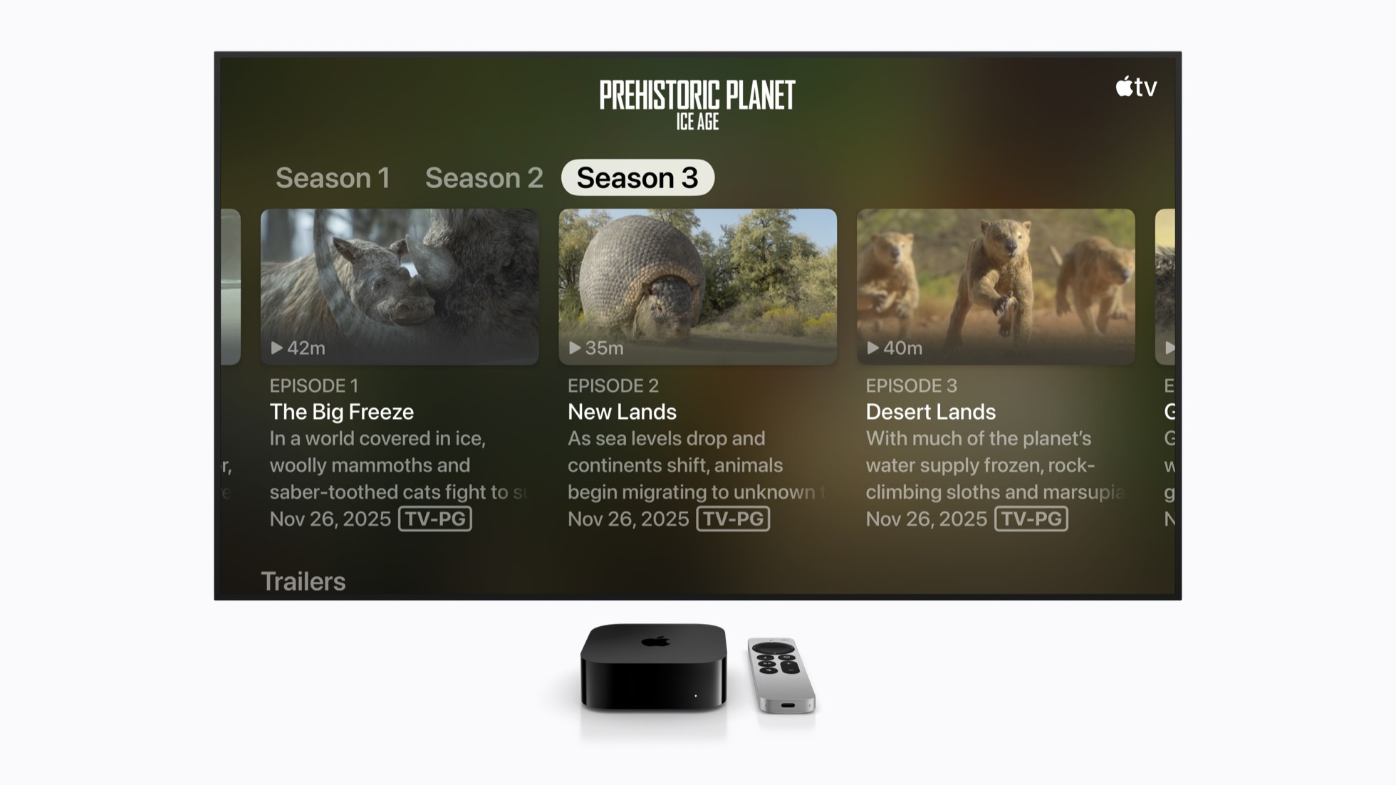 Apple TV menu for Prehistoric Planet: Ice Age with episode titles, descriptions, and season tabs appearing noticeably larger after enabling the Larger Text accessibility setting.
